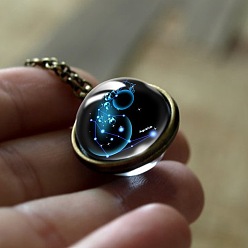 Водолей Двойное стекло круг с подвеской в виде созвездия сплав цепи ожерелья, античная бронза, Водолей, 17.72~19.69 дюйм (45~50 см)