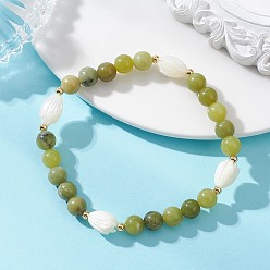 Chinese Jade Эластичные браслеты из натурального китайского/южного нефрита и раковины трохида/трохуса для женщин., круглый и цветочный, бусины : 7 мм, внутренний диаметр: 2.17 дюйм (5.5 см)
