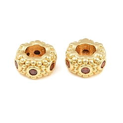 Chapado en Oro Real 18K Cuentas europeas de latón con micro pavé de circonitas cúbicas naranjas, plano y redondo, abalorios de grande agujero, sin plomo y cadmio, chapado en rack, larga duración plateado, real 18 k chapado en oro, 11x6 mm, agujero: 5 mm