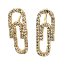 Real 18K Gold Plated Rack Plating Brass Stud Earrings, with Clear Cubic Zirconia, Cadmium Free & Lead Free, Long-Lasting Plated, Paperclip, Real 18K Gold Plated, 19x7mm