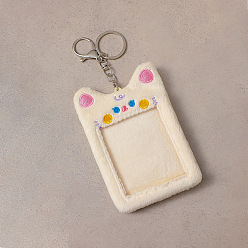 Белый Брелок для фотокарточки в виде бархатного конверта, с шариковыми цепями и прямоугольным прозрачным окном, кошка, белые, 125x85 мм, внутренний диаметр: 97x78 мм