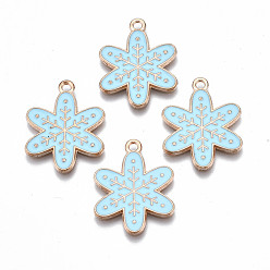 Средний Бирюзовый Подвески из эмали и сплава, Рождество, без кадмия и без свинца, снежинка, золотой свет, средне бирюзовый, 24x19x1.5 мм, отверстие : 1.8 мм