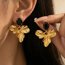 Цветок 304 Серьги-гвоздики из нержавеющей стали с черными кубическими циркониями, золотые, цветок, 33.6x28.6 мм