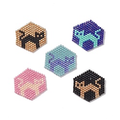 Mixed Color Handmade Japanese Seed Beads, Loom Pattern, Hexagon with Cat Pattern, Mixed Color, 23x22.5x2mm