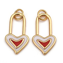 Белый Латунь эмаль подвески, долговечный, реальный 18 k позолоченный, с целью перехода в кольце, сердце, белые, 19x10x1.9 мм, отверстие : 3.2 мм