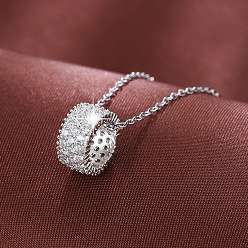 Silver Brass Micro Pave Clear Cubic Zirconia Column Pendant Necklaces for Women, Silver, 14.96 inch(38cm)