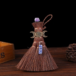 Луна Мини-деревянный кулон с метлой ведьмы викки, украшения, автомобильные подвесные украшения, бусы с аметистом, луна, 150x100 мм