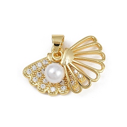 Настоящее золото 18K Латунные микро проложить кубического циркония подвески, с ABS имитации жемчуга, подвески в форме ракушек, без кадмия и без свинца, стойки покрытие, долговечный, реальный 18 k позолоченный, 15x18x9 мм, отверстие : 4x3.5 мм