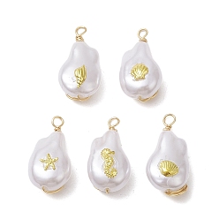 Mixed Shapes ABS Plastic Imitation Pearl Pendants, with Alloy Cabochons and Eco-Friendly Copper Wire, Mixed Shapes, 21~21.5x10.5~11x8~8.5mm, Hole: 1.5~2mm, about 5Pcs/Set