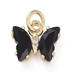 Black Brass Micro Pave Clear Cubic Zirconia Pendant, with Glass, Butterfly, Golden, Black, 11x9.5x3mm, Hole: 3.5mm