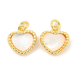 Real 18K Gold Plated Natural Shell & Brass Heart Charms with Jump Rings, Real 18K Gold Plated, 11x10x3mm, Hole: 2mm