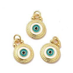 Real 18K Gold Plated Rack Plating Brass Enamel Pendants, with Jump Rings, Long-Lasting Plated, Lead Free & Cadmium Free, Flat Round with Evil Eye Charm, Real 18K Gold Plated, 16x12x2.5mm, Hole: 3.5mm