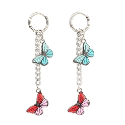 Mixed Color Alloy Enamel Butterfly Dangle Hoop Earrings, 202 Stainless Steel Long Chain Tassel Drop Earrings with 316 Surgical Stainless Steel Pins for Women, Mixed Color, 75mm, Pin: 1mm