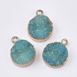 Dark Cyan Electroplate Druzy Resin Pendants, with Iron Findings, Flat Round, Light Gold, Dark Cyan, 17~18.5x13x6mm, Hole: 2mm