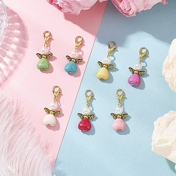 Золотой Синтетические бирюзовые подвески, Сердце с ангелом, с цинковым сплавом застежками омаров коготь, золотые, 33.5 мм