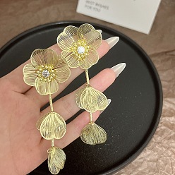 Light Gold Серьги-гвоздики с подвесками из сплава с кристаллами и стразами в виде цветов и листьев, золотой свет, 98x34 мм