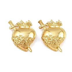 Golden Brass Pendants, Sacred Heart with Sword and Rose Charms, Long-Lasting Plated, Rack Plating, Cadmium Free & Lead Free, Golden, 25x15.5x5mm, Hole: 3x3.5mm