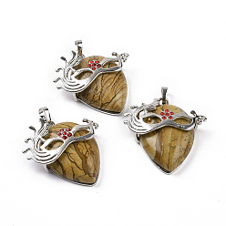 Picture Jasper Natural Picture Jasper Pendants, Teardrop with Mask Charms, with Rack Plating Platinum Plated Brass Ruby Rhinestone Findings, 37~37.5x34.5~36x10~11mm, Hole: 6x4mm
