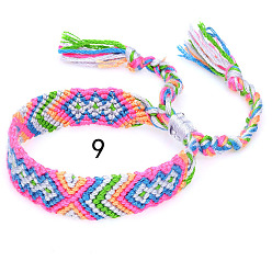 Hot Pink Cotton Braided Rhombus Pattern Cord Bracelet, Ethnic Tribal Adjustable Brazilian Bracelet for Women, Hot Pink, 5-7/8~14-1/8 inch(15~36cm)