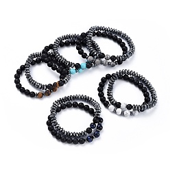 Mixed Stone Natural Mixed Stone Beads Stretch Bracelet Sets, with Non-magnetic Synthetic Hematite Beads, Natural Black Agate(Dyed) Beads and Burlap Drawstring Bags, 1-7/8 inch~2 inch(4.8~5.1cm), 2pcs/set