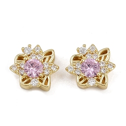 Pink Многожильные звенья из латуни с паве из кубического циркония, долговечный, цветок, золотые, розовые, 13x11.5x6 мм, отверстие : 1.9 мм