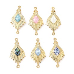 (52) Непрозрачная лаванда Подвески-соединители из латунной ракушки с перьями, с эмалью, реальный 18 k позолоченный, стойки покрытие, долговечный, без кадмия и без свинца, разноцветные, 26.5x14x2.5 мм, отверстие : 1.2 мм