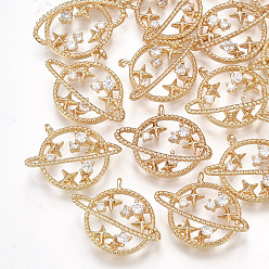 Real 18K Gold Plated Brass Cubic Zirconia Universe Space Charms, Planet, Clear, Real 18K Gold Plated, 14x16x4.5mm, Hole: 1mm