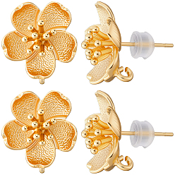 Настоящее золото 18K 4 пара латунных сережек-гвоздиков, с петлей, цветок, с 8 силиконовыми ушными гайками, реальный 18 k позолоченный, 17x15.5 мм, отверстие : 1.5 мм, штифты : 0.8x11.5 мм