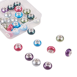 Mixed Color Handmade Shell Pearl European Beads, Large Hole Beads, with Brass Findings, Rondelle, Silver Color Plated, Mixed Color, 13~14x8.5~10mm, Hole: 5mm, 5pcs/color, 30pcs/set