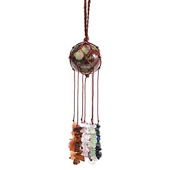 Dragon Blood Round Natural Dragon Blood Pouch Pendant Decorations, Braided Thread and Gemstone Chip Tassel Hanging Ornaments, 210x30mm