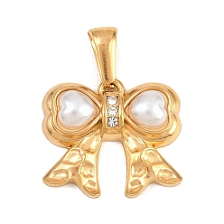 Золотой Кованые 304 подвески из нержавеющей стали с пластиковой имитацией жемчуга, бантом прелести, со стразами, золотые, 18x20.5x5 мм, отверстие : 5x2.5 мм