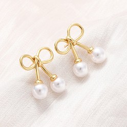 Настоящее золото 18K Серьги-гвоздики из вишневой латуни и АБС-пластика с жемчугом, стойки покрытие, прочное покрытие, без кадмия и без свинца, реальный 18 k позолоченный, 17.5~18x13.5 мм