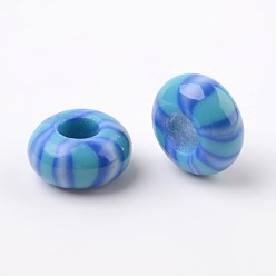 Темно-Голубой Ручная работа полимерной глины эмали европейские шарики, бусины с большими отверстиями в форме шайбы, глубокое синее небо, 14x7.5 мм, отверстие : 5.5 мм