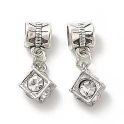 Antique Silver & Platinum Rack Plating Alloy Crystal Rhinestone European Dangle Charms, Large Hole Charms, Diagonal Cube, Antique Silver & Platinum, 24.5mm, Hole: 5mm, Rhombus: 14x10x10mm