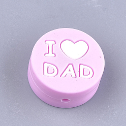 Pearl Pink Food Grade Eco-Friendly Silicone Focal Beads, Flat Round with Word I Love Dad, Pearl Pink, 20x9.5mm, Hole: 2mm