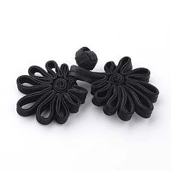 Black Handmade Chinese Frogs Knots Buttons Sets, Polyester Button, Flower, Black, 68~88x31~34x6~7mm