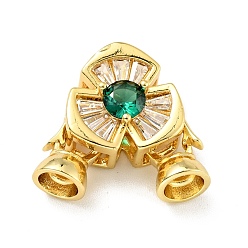 Golden Rack Plating Brass Clear & Green Cubic Zirconia Fold Over Clasps, Cadmium Free & Lead Free, Long-Lasting Plated, Flower, Golden, Flower: 13.5x13.5x7mm, Clasp: 11x6.5x6.5mm, Inner Diameter: 4.3mm
