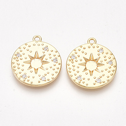 Real 18K Gold Plated Brass Pendants, with Cubic Zirconia, Flat Round with Star, Clear, Nickel Free, Real 18K Gold Plated, 20x18x2mm, Hole: 1.5mm