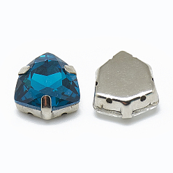 Capri Blue Sew on Rhinestone, Multi-strand Links, K9 Glass Rhinestone, with Platinum Tone Brass Prong Settings, Garments Accessories, Triangle, Capri Blue, 12.5x12x6mm, Hole: 0.8mm