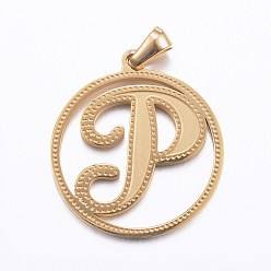 Letter P Ion Plating(IP) 304 Stainless Steel Pendants, Flat Round with Letter, Golden, Letter.P, 28x25x1.2mm, Hole: 6x3.5mm