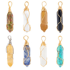 Mixed Stone 8Pcs 8 Style Natural & Synthetic Gemstone Big Pendants, with Brass Findings, Hexagonal Prisms, 44.5~52x10~11x9.5~10.5mm, Hole: 4x7mm, 1pc/style