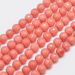 Coral Natural Malaysia Jade Bead Strands, Imitation Rhodochrosite, Round, Dyed, Faceted, Coral, 8mm, Hole: 1.0mm, about 46pcs/strand, 14.5 inch