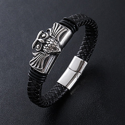Античный Серебристый & Цвет Нержавеющей Стали Плетеный пу кожаные браслеты, 304 Браслеты с подвесками в виде совы из нержавеющей стали для мужчин, с магнитными застежками, старинное серебро и цвет нержавеющей стали, 8.66 дюйм (22 см)