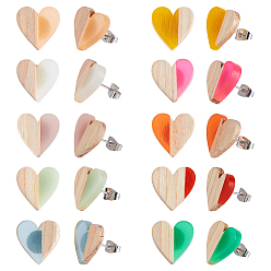 (52) Непрозрачная лаванда 20 шт. 10 серьги-гвоздики из смолы и дерева в форме сердца разных цветов, с железными контактами, разноцветные, 14.9 мм, 2 шт / цвет