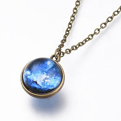 Planet Ожерелье из стекла, с тросовыми цепями из сплава и застежками-клешнями, без кадмия и без свинца, круглые, узор галактики, 20.07 дюйм (51 см), подвески: 21x18x17 мм