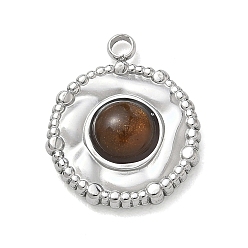 Color de Acero Inoxidable Colgantes de ojo de tigre naturales, 304 Dijes redondos planos con bisel de acero inoxidable, color acero inoxidable, 18.5x15.5x4 mm, agujero: 1.8 mm