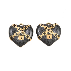 Черный 304 нержавеющей стальной эмали подвески, подвески в виде сердца с замком, ионное покрытие (ip), реальный 18 k позолоченный, чёрные, 19.5x20x3 мм, отверстие : 2 мм