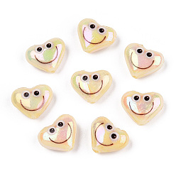 Light Khaki Electroplate Opaque Acrylic Beads, Heart with Smiling Face Pattern, Light Khaki, 12.5x15x6.5mm, Hole: 1.2mm
