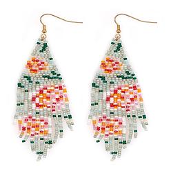 Pink Серьги-кисточки с подвесками из стеклянных бусин ручной работы с цветочным узором, золотые, розовые