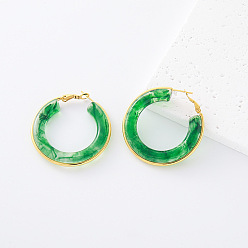 Sea Green 304 Stainless Steel Resin Hoop Earrings for Women, Round, Golden, Sea Green, 40x40mm